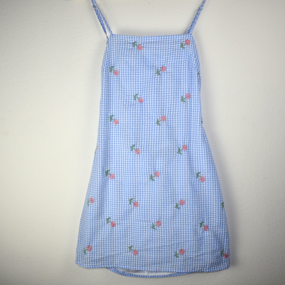 Lulus Blue and White Plaid Floral Mini Dress